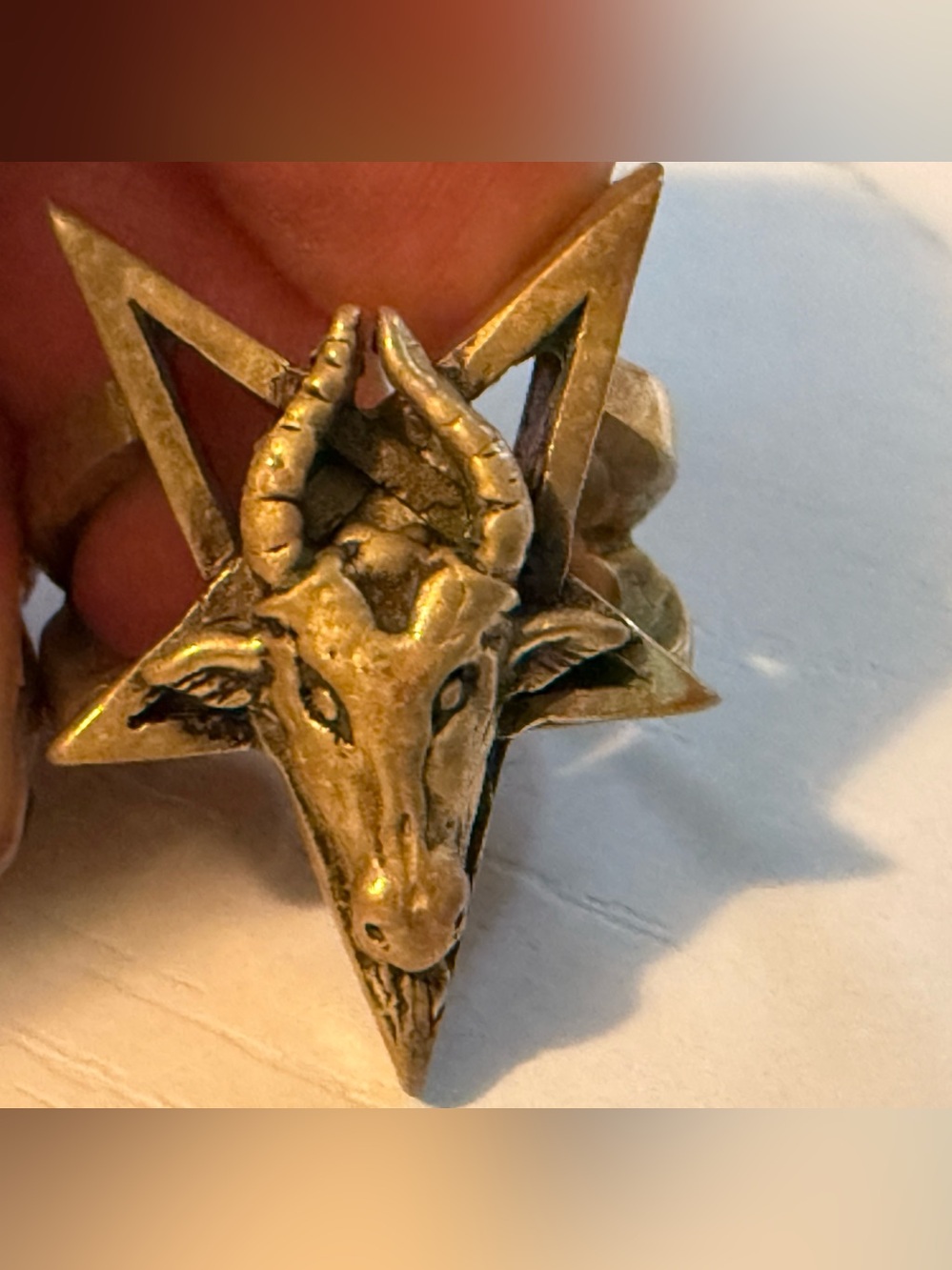 Brass Baphomet Goat Head Pentagram Ring - Picture 3 of 10